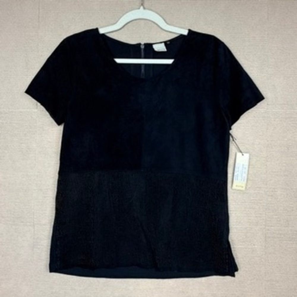 Ecru Black Faux Suede Laser Cut Mixed Media Short Sleeve Top Blouse 3968KT